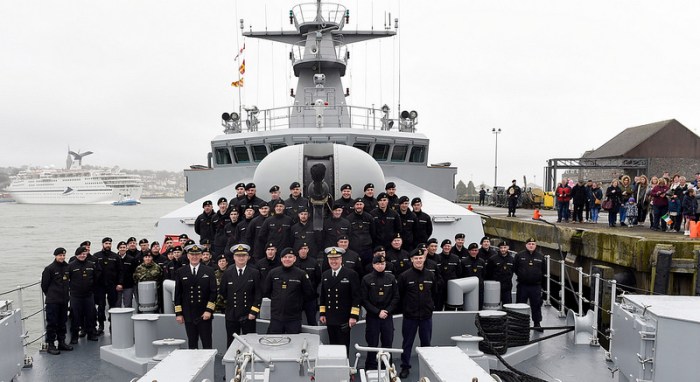 Ship's company of LÉ Samuel Beckett on the fo'c'sle before departure, April 2018