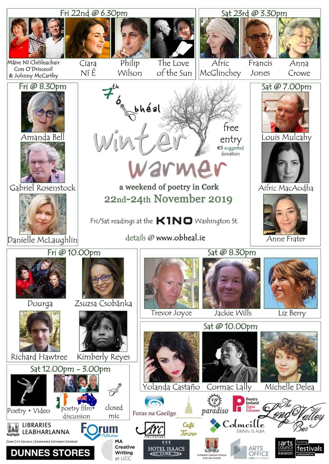 Poster for the 7th Winter Warmer weekend reading line-up, Cork